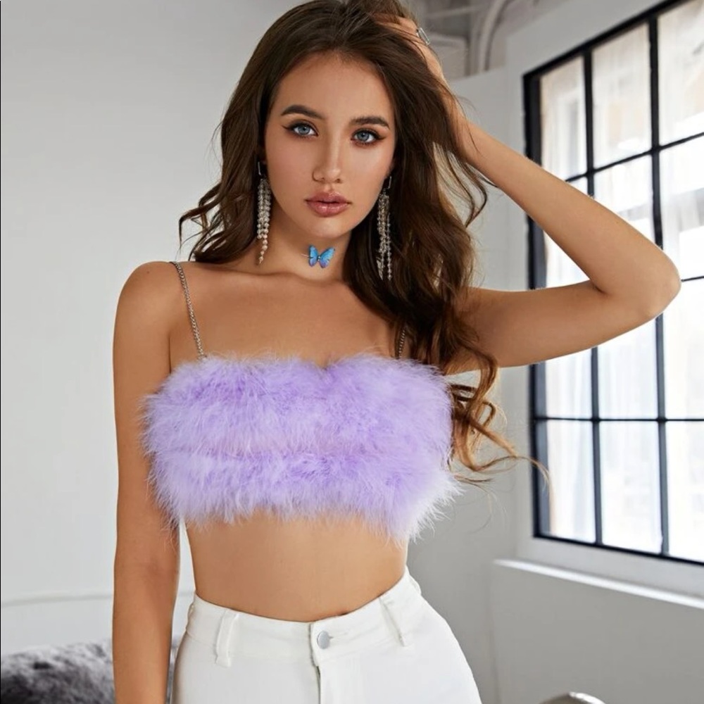 Lilac Purple Fuzzy Chain Crop Top O-ring Zip Back adjustable spaghetti straps